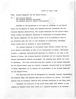 Telegram from General Douglas MacArthur to the Emperor of Japan, the Japanese Imperial Government, and the Japanese Imperial General Headquarters
