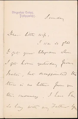 [John Biddulph Martin] autograph note to [Victoria Woodhull Martin], Tewkesbury, [England], approximately 1883-1897