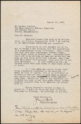 Jeannette Marks typed letter signed to Gardner Jackson, Westport, N. Y., August 14, 1927