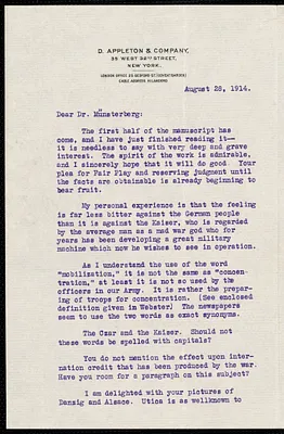 Jewett, Rutger B. autograph letter signed to Hugo Münsterberg, New York, 28 August 1914