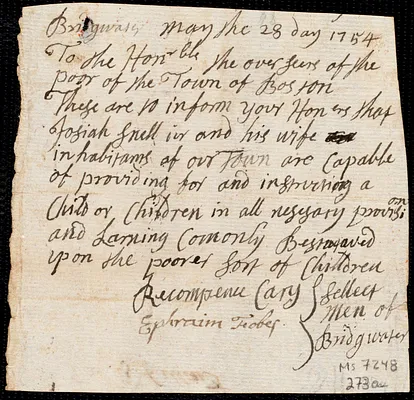 Dorcas Ballard indentured to apprentice with Josiah Snell, Jr. of Bridgewater, 25 September 1754
