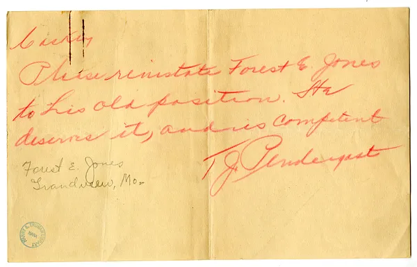 Note from Tom J. Pendergast to John Caskie Collet