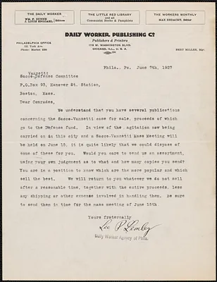 Leo P. Lemley (The Daily Worker Publishing Co.) typed letter signed to Sacco-Vanzetti Defense Committee, Chicago, Ill., June 7, 1927