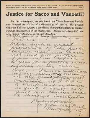 Robert Henri autograph letter signed to Sacco-Vanzetti Defense Committee, New York, N.Y., [May? 1927]
