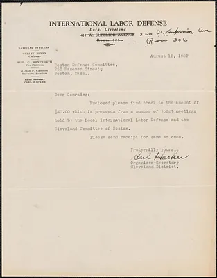 Carl Hacker (International Labor Defense) typed note signed to Sacco-Vanzetti Defense Committee, Cleveland, Ohio, August 15, 1927