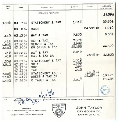 Bill from John Taylor Dry Goods Company