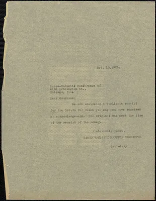 Sacco-Vanzetti Defense Committee typed note (copy) to Sacco-Vanzetti Conference of Chicago, Boston, Mass., October 13, 1926