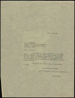 Sacco-Vanzetti Defense Committee typed note (copy) to J. Louis Engdahl (The Daily Worker), Boston, Mass., November 22, 1926