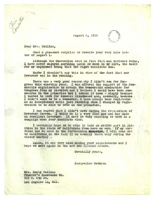 Letter from Jacqueline Cochran to Mrs. Emily Collins