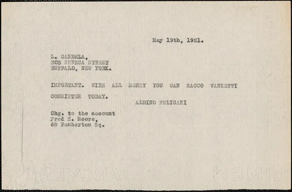 Aldino Felicani telegram (copy) to L. Candela, Boston, Mass., May 19, 1921