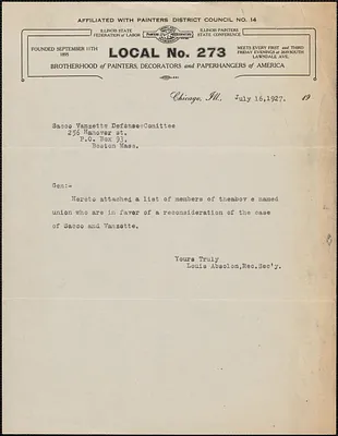Louis Absolon (Brotherhood of Painters, Decorators and Paperhangers of America Local No. 273) typed note signed to Sacco-Vanzetti Defense Committee, Chicago, Ill., July 16, 1927