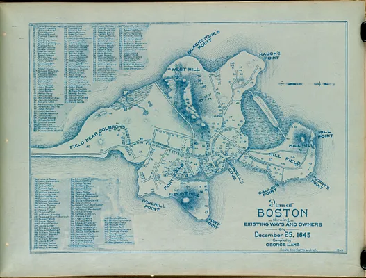 Plan of Boston showing existing ways and owners on December 25, 1645