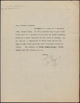 Tom O'Connor typed note signed to Gardner Jackson, [July-August 1927]