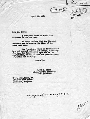 Letter from Leonard Brown, Jr. to President Harry S. Truman with a Reply from David Niles