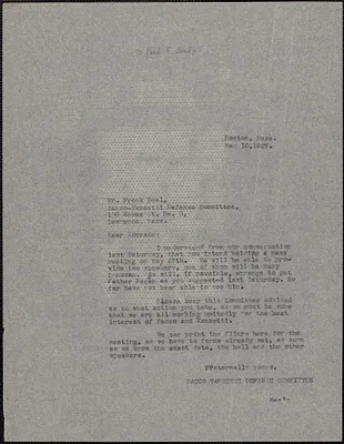 Sacco-Vanzetti Defense Committee typed letter (copy) to Fred E. Beal (Lawrence Sacco-Vanzetti Defense Committee), Boston, Mass., May 10, 1927