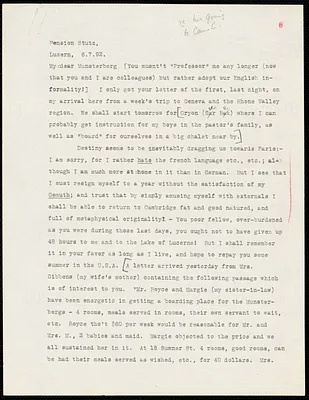 James, William, 1842-1910 typed letter signed to Hugo Münsterberg, Luzern, Switz., 7 June 1892
