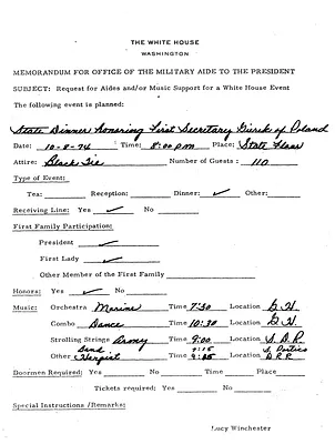 Memorandum for the Office of the Military Aide to the President from Lucy Winchester Regarding Music Support for a State Dinner Honoring First Secretary Gierek of Poland