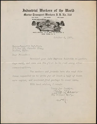 Otto Larm (Industrial Workers of the World. Marine Transport Workers L. U. No. 510) typed letter signed to Sacco-Vanzetti Defense Committee, New Orleans, La., October 4, 1927