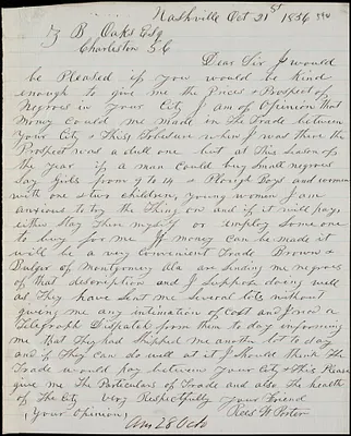 Rees W. Porter, Nashville, Tenn., autograph letter signed to Ziba B. Oakes, 21 October 1856