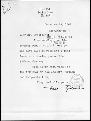 Letter from Eleanor Roosevelt to Harry S. Truman, accompanied by a memorandum for Harry S. Truman