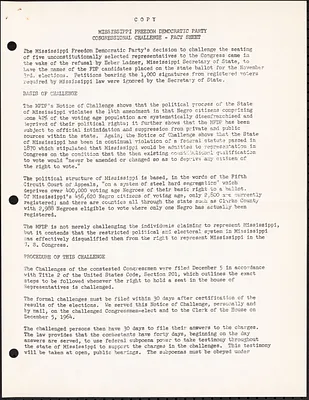 Copy of Mississippi Freedom Democratic Party Congressional Challenge Fact Sheet
