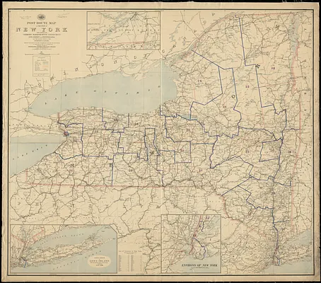 Post route map of the State of New York and parts of Vermont, Massachusetts, Connecticut, New Jersey, and Pennsylvania also the adjacent portions of the Dominion of Canada, showing post offices with the intermediate distances and mail routes in operation on the 1st of December 1895