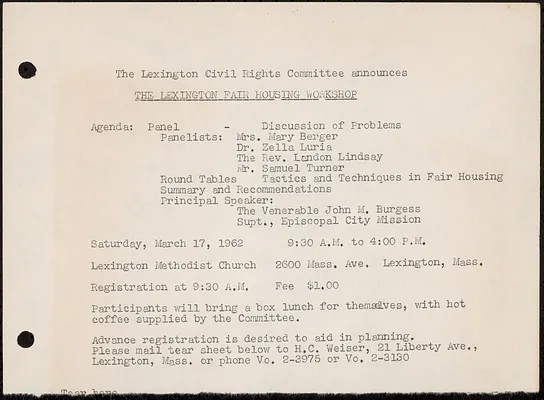 “The Lexington Civil Rights Committee announces The Lexington Fair Housing Workshop” flyer