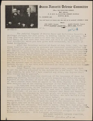 Emilio Coda (Sacco-Vanzetti Defense Committee) typed letter signed (circular) to Members of the United Mine Workers of America, Boston, Mass., January 20, 1925