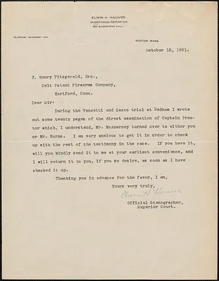 Elwin H. Hauver typed letter signed to J. Henry Fitzgerald (Colt Patent Firearms Company), Boston, Mass., October 18, 1921