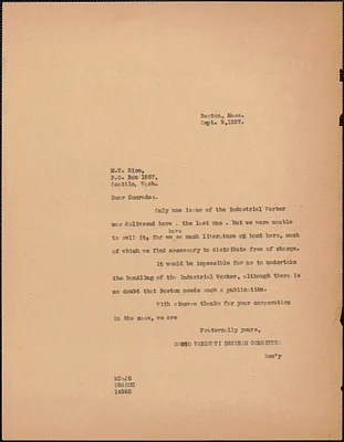 Mary Donovan (Sacco-Vanzetti Defense Committee) typed letter (copy) to M. T. Rice, Boston, Mass., September 9, 1927