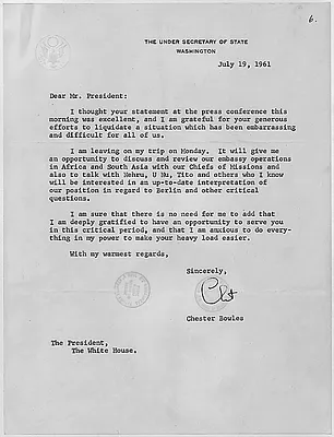 Letter to President John F. Kennedy from Under Secretary of State Chester Bowles, 19 July 1961