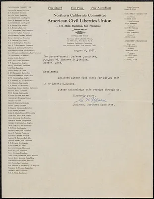 Guido H. Marx (Northern California Committee, American Civil Liberties Union) typed note signed to Sacco-Vanzetti Defense Committee, San Francisco Calif., August 6, 1927