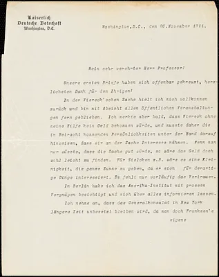 Bernstorff, Johann Heinrich, Graf von, 1862-1939 typed letter signed to Hugo Münsterberg, Washington, D.C., 20 November 1911