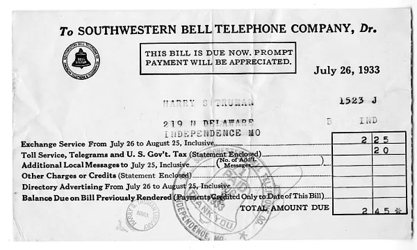 Bill from Southwestern Bell Telephone Company to Harry S. Truman