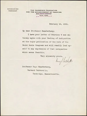 Pritchett, Henry S. (Henry Smith), 1857-1939 typed letter signed to Hugo Münsterberg, New York, 10 February 1908