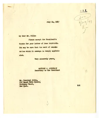 Letter from Percival Sills to President Harry S. Truman with a Reply from Matthew Connelly
