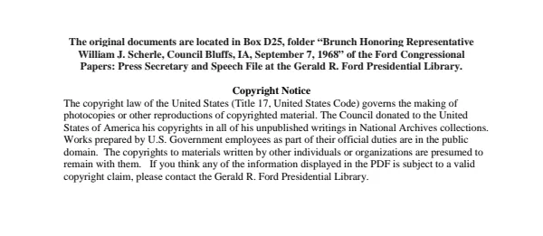 Brunch Honoring Representative William J. Scherle, Council Bluffs, IA, September 7, 1968