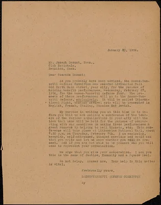 Sacco-Vanzetti Defense Committee typed letter (copy) to Joseph Daoust (Club Nationale), Boston, Mass., January 30, 1924