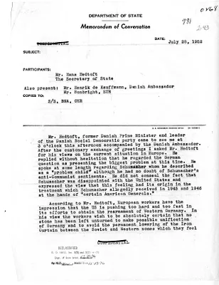 Memorandum of Conversation with Secretary of State Dean Acheson, former Prime Minister of Denmark Hans Hedtoft, Ambassador of Denmark Henrick de Kauffmann, and James Bonbright