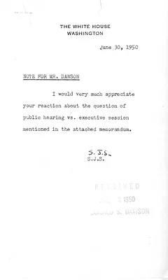 Note from Stephen J. Spingarn to Donald S. Dawson with Attached Memorandum