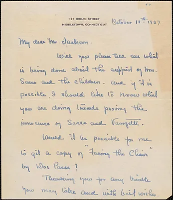 Rebecca James autograph note signed to [Gardner] Jackson, Middletown, Conn., October 18, 1927