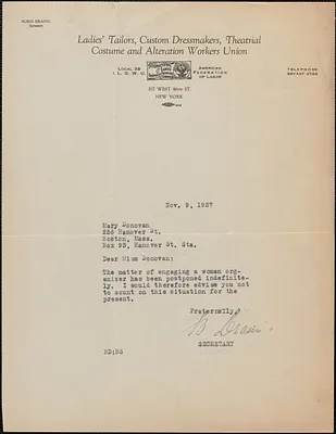 Boris Drasin (Ladies' Tailors, Custom Dressmakers, Theatrical Costume and Alteration Workers Union) typed letter to Mary Donovan, New York, N. Y., November 9, 1927