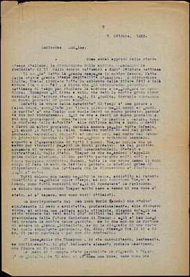 Bartolomeo Vanzetti typed letter (copy) to Luigia Vanzetti, [Charlestown], 1 October 1926