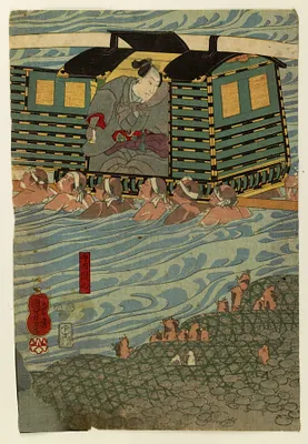 Teranishi Kanshin in kago is carried across river, Nakano Tobei fights on bank