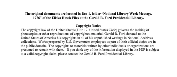 National Library Week Message, 1976