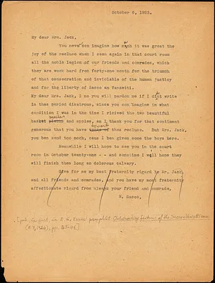 Nicola Sacco typed letter (copy) to Mrs. [Cerise] Jack, [Dedham], 6 October 1923 and 3 November 1923