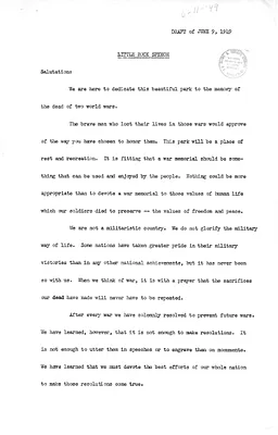 Draft of President Harry S. Truman's Address in Little Rock, Arkansas at the Dedication of the World War Memorial Park