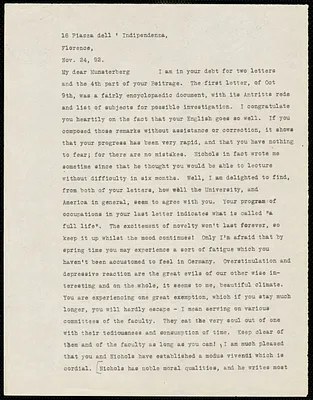 James, William, 1842-1910 typed letter signed to Hugo Münsterberg, Florence, Italy, 24 November 1892