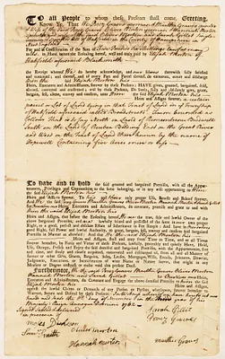 Land deed, Perez Graves, Martha Graves, Oliver Morton, Hannah Morton, and Sarah Gillet to Elijah Morton, November 8, 1762