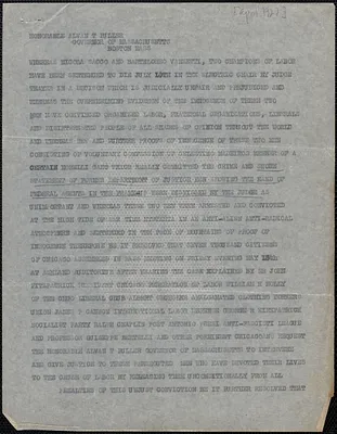 John Wuerffel and Albert Wechsler (Sacco-Vanzetti Conference of Chicago) typed resolution (copy) to Alvan T. Fuller, Chicago, Ill., [April 1927]